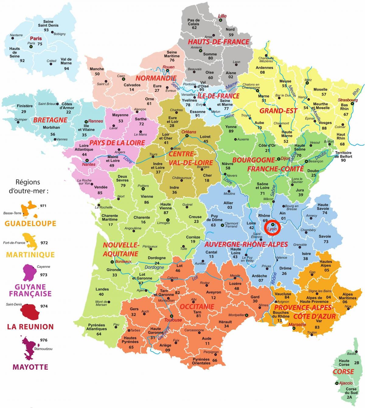 Lyon op de kaart van Auvergne-Rhône-Alpes - Frankrijk