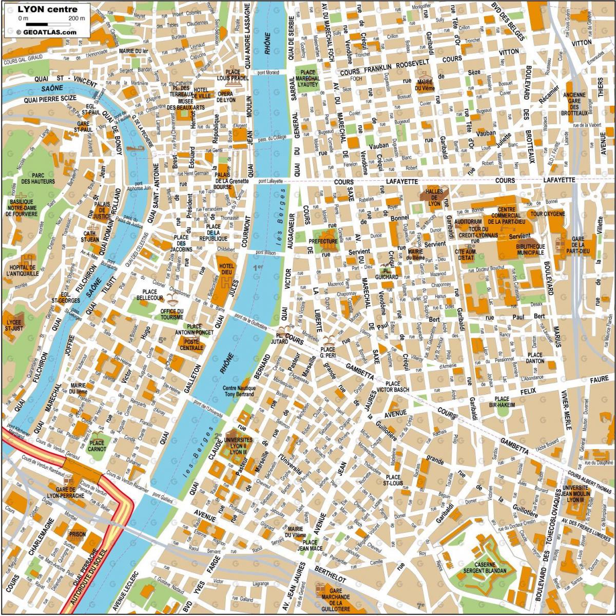 Lyon stadscentrum kaart